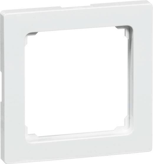Kwadratowa, biała plastikowa rama z prostokątnym wycięciem wewnątrz, przeznaczona do przykrycia włącznika lub gniazdka elektrycznego.