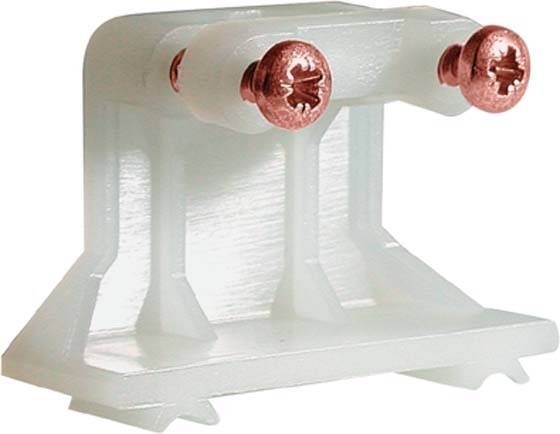 Uchwyt z tworzywa sztucznego z dwoma miedzianymi śrubami do mocowania przedmiotów; zapewnia stabilność i wsparcie.