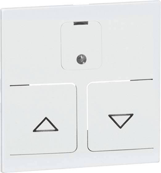 Biała naścienna jednostka sterująca z dwoma dużymi przyciskami. Lewy przycisk przedstawia trójkąt skierowany w górę, prawy przycisk trójkąt skierowany w dół.