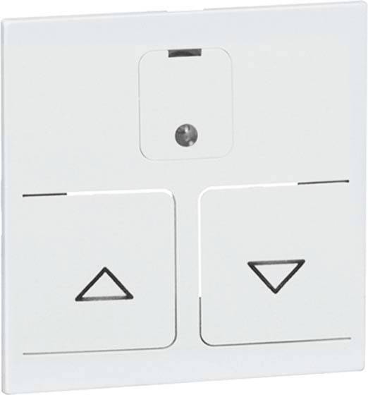 Biały przełącznik naścienny z dwoma przyciskami: jeden do 'podnoszenia' i jeden do 'opuszczania', przedstawiony za pomocą trójkątów, służący do sterowania żaluzjami.