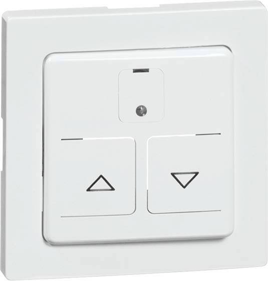 Biały włącznik naścienny z dwoma przyciskami w kształcie trójkąta, skierowanymi w górę i w dół, służący do sterowania elektrycznymi roletami.