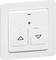 Biały włącznik naścienny z dwoma przyciskami, jeden z trójkątem skierowanym w górę, drugi z trójkątem skierowanym w dół.