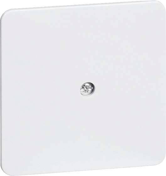 Biała kwadratowa pokrywa z śrubą umieszczoną centralnie, zamontowana na neutralnej powierzchni.