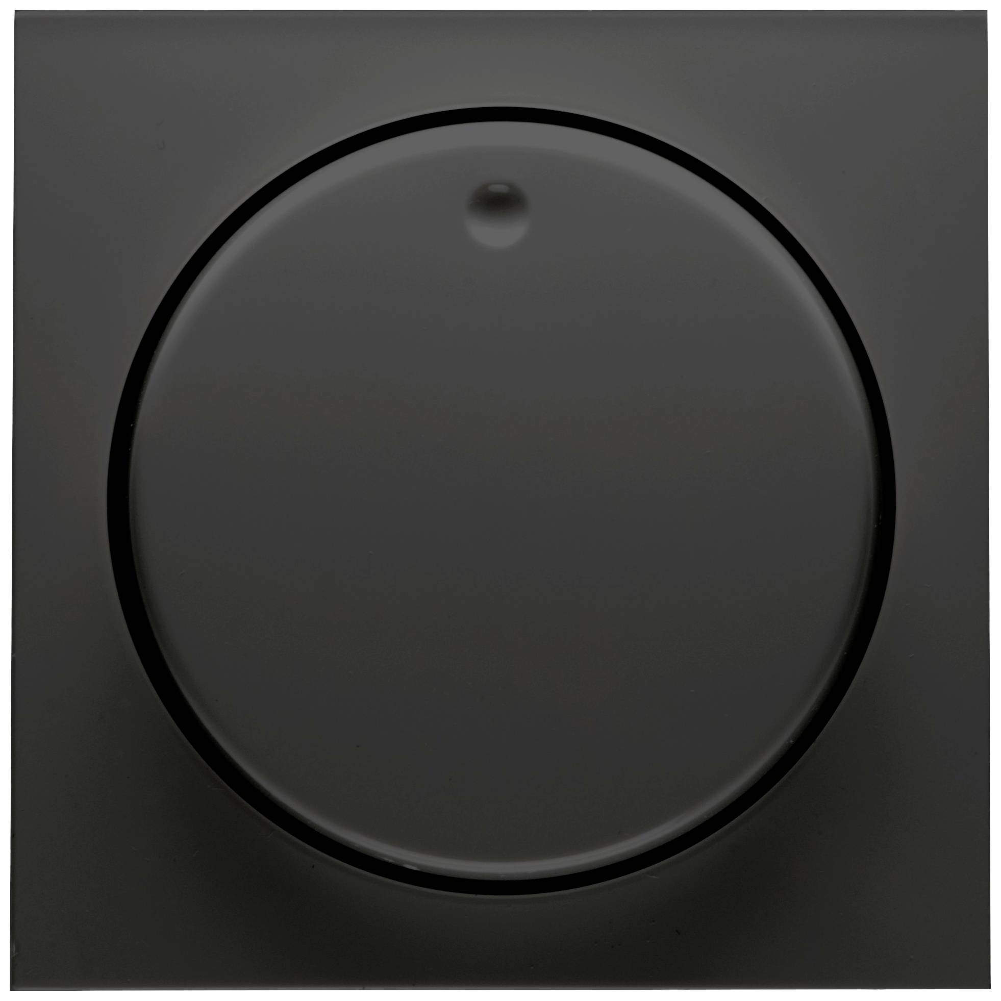 Ciemne koło na szarej powierzchni z małym widocznym punktem na górze.