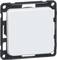Włącznik światła z kwadratowym, białym przyciskiem, wmontowany w czarną, prostokątną ramkę.