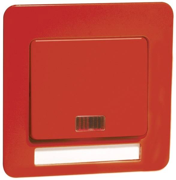 Czerwony włącznik światła z kwadratową ramką i zintegrowanym paskiem podświetlenia u podstawy.