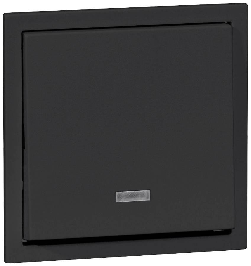 Czarny, kwadratowy włącznik światła z gładką powierzchnią i małym prostokątnym detalem u dołu.