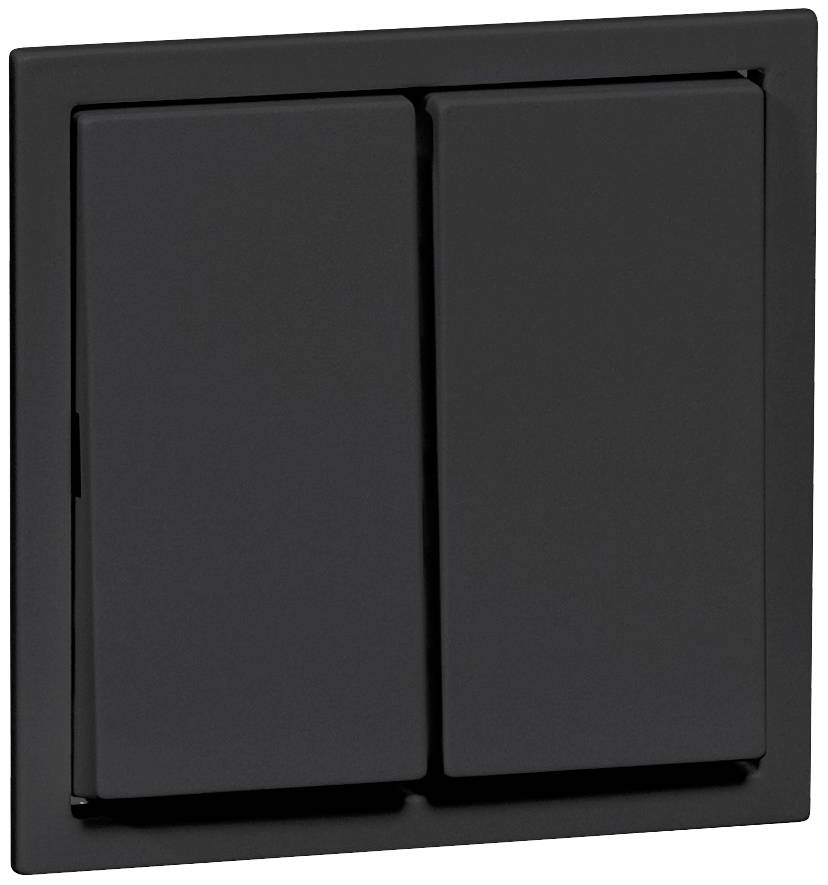 Czarny podwójny przełącznik światła na ścianie, elegancki i nowoczesny, z prostokątnymi przełącznikami, odpowiedni do wnętrz.