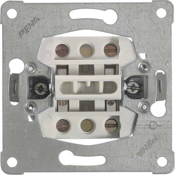 Metalowa rama z białą osłoną gniazda elektrycznego, widoczne są śruby do mocowania przewodów elektrycznych.