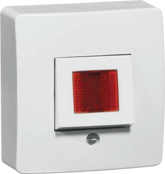 Biała ramka włącznika kołyskowego z czerwonym polem wskaźnikowym pośrodku, często stosowana do sygnalizacji stanu pracy urządzeń lub systemów.