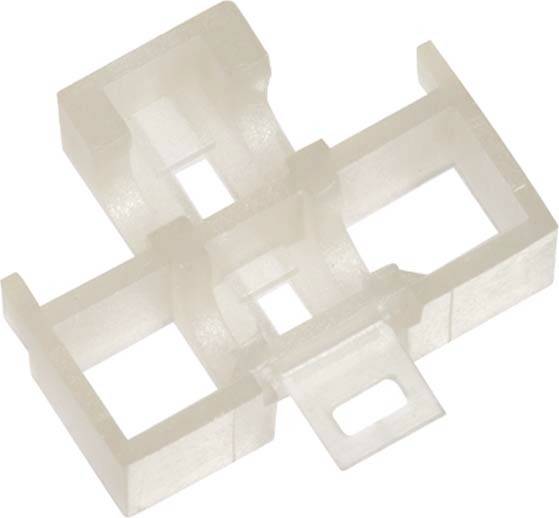 Przezroczysta, kwadratowa część plastikowa z czterema równomiernymi wycięciami, która może być wykorzystywana do funkcji montażowych lub podporowych.