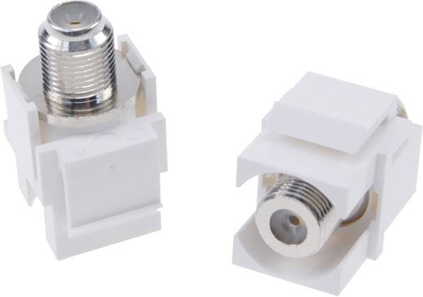 Dwa białe moduły keystone współosiowe, odpowiednie do podłączenia kabli współosiowych w płycie montażowej lub panelu krosowym.