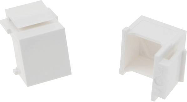 Dwie białe plastikowe zaślepki, jedna z pokrywką, druga otwarta, służące do przykrycia gniazd sieciowych.