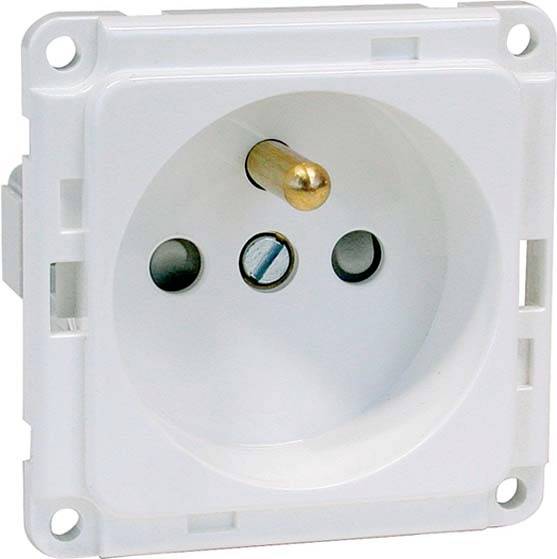 Biała wtyczka z dwoma okrągłymi otworami i bolcem uziemiającym, zamontowana w kwadratowej ramce.