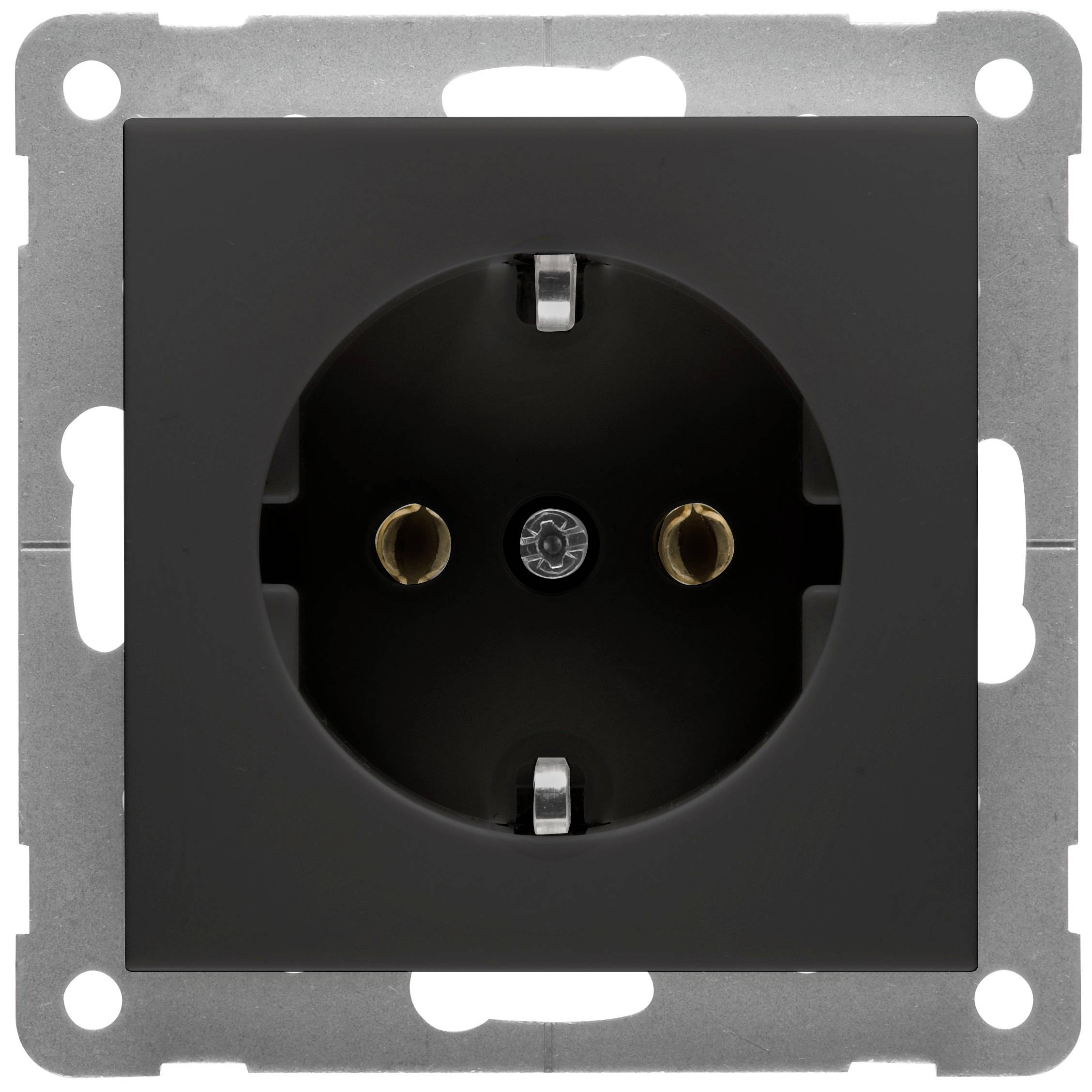 Czarna wtyczka z srebrną ramką, przystosowana do wtyczek Schuko, prezentuje dwa otwory i uziemienie ochronne.