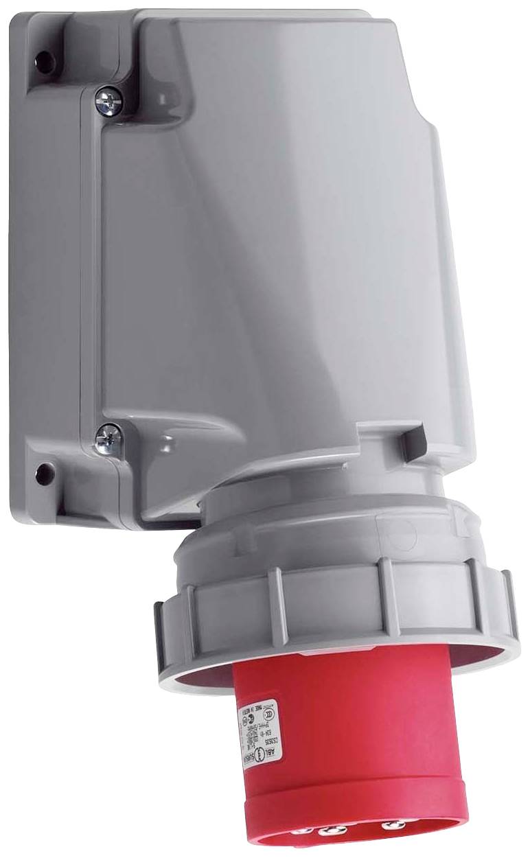 Szara przemysłowa wtyczka elektryczna z czerwonym wtykiem, zamontowana na ścianie, przeznaczona do zastosowań wysokoprądowych w środowiskach przemysłowych.