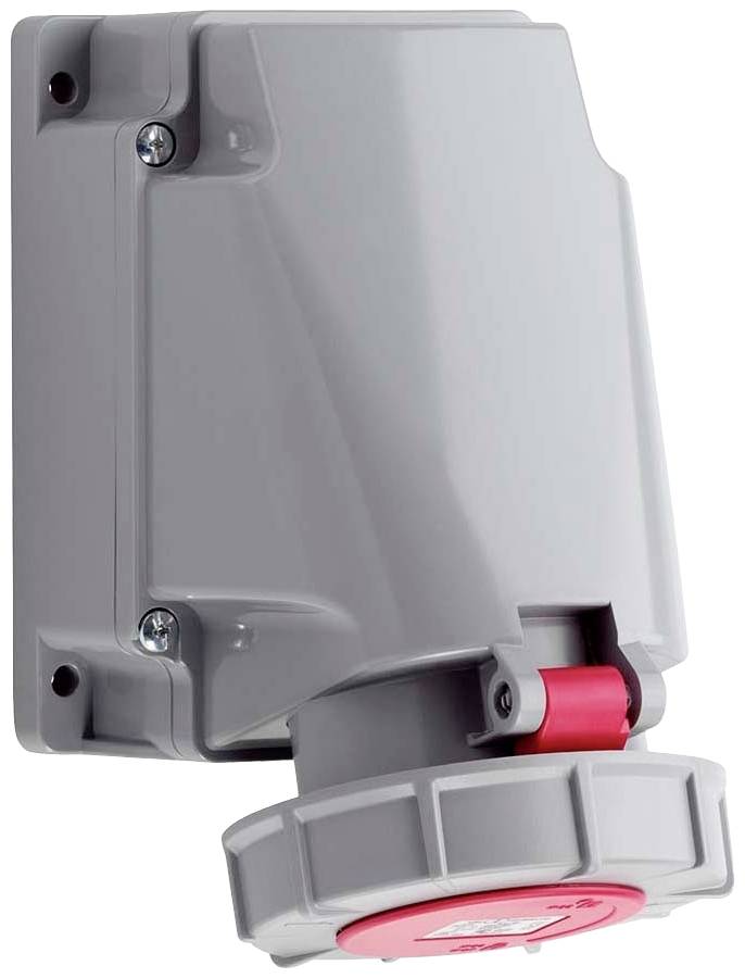 Szara przemysłowa wtyczka elektryczna z czerwoną zaślepką, zamontowana na ścianie.