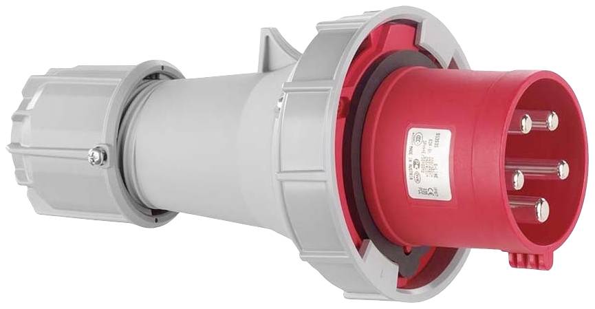Szary i czerwony wtyk przemysłowy z pięcioma stykami metalowymi, odpowiedni do połączeń wysokonapięciowych w zastosowaniach komercyjnych.