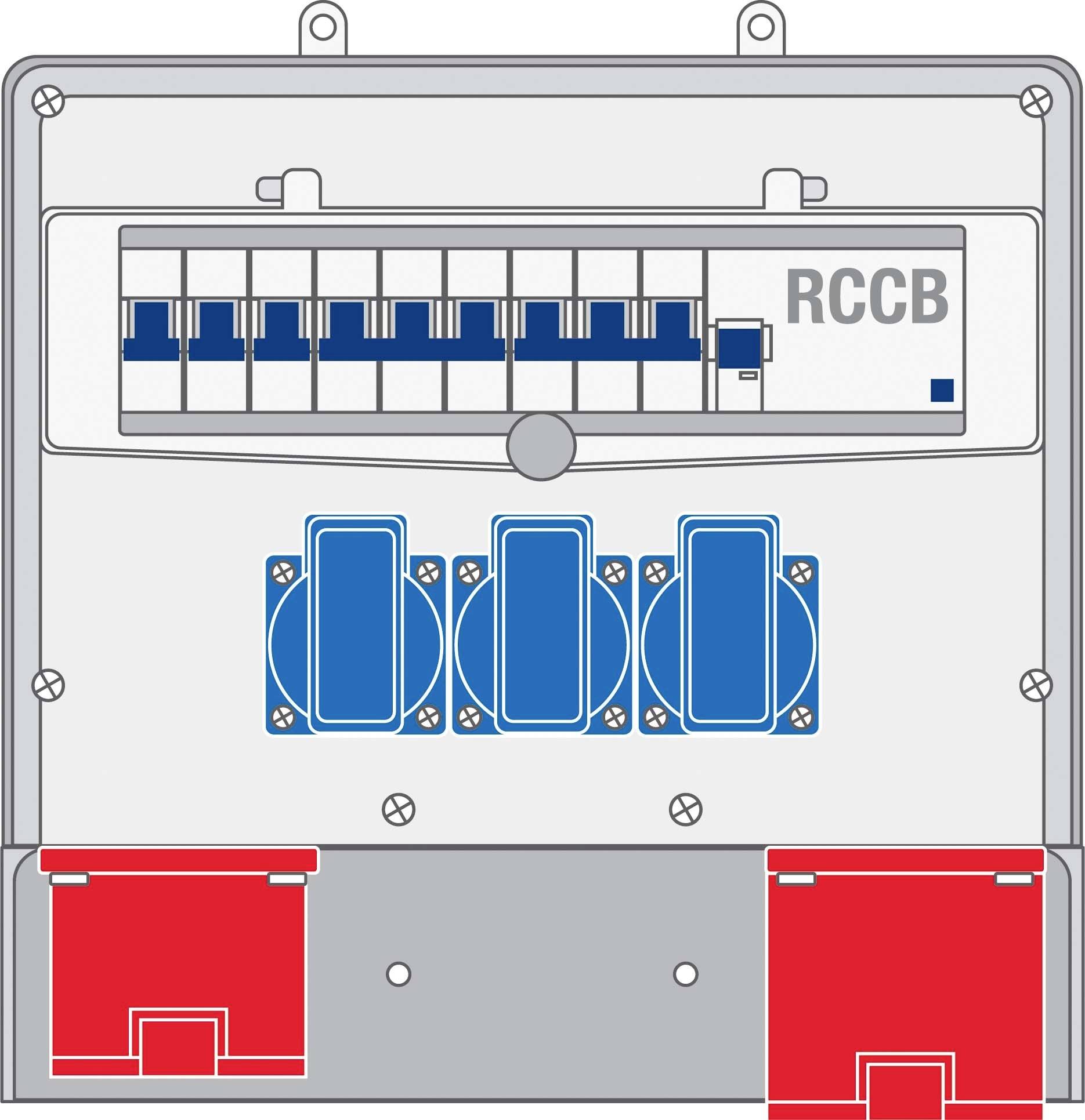 Skrzynka elektryczna RCD z ośmioma niebieskimi przełącznikami i trzema niebieskim gniazdami Schuko poniżej, w prostokątnej obudowie.