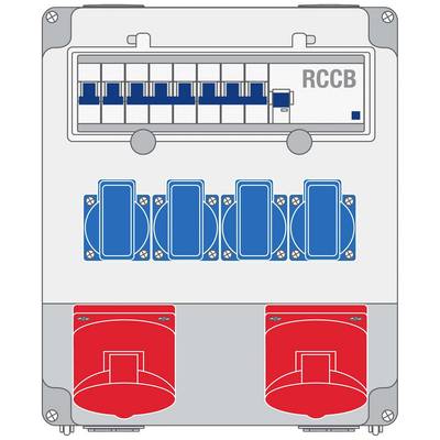 Elektryczny schemat rozdzielni z opisem 'RCCB', przedstawiający wyłączniki i bezpieczniki. Górna część: szyny rozdzielcze, dolna część: niebieskie i czerwone gniazda elektryczne.