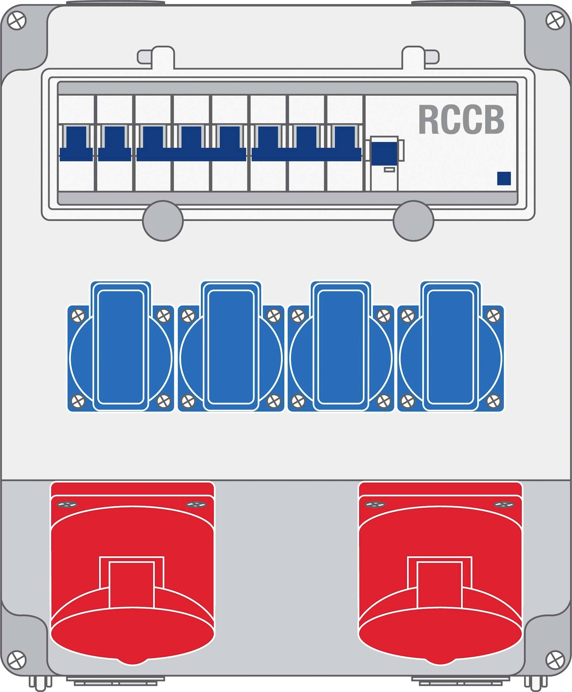 'Ilustracja rozdzielacza elektrycznego z ośmioma bezpiecznikami, pięcioma niebieskimi gniazdami oraz dwoma dużymi czerwonymi przełącznikami'