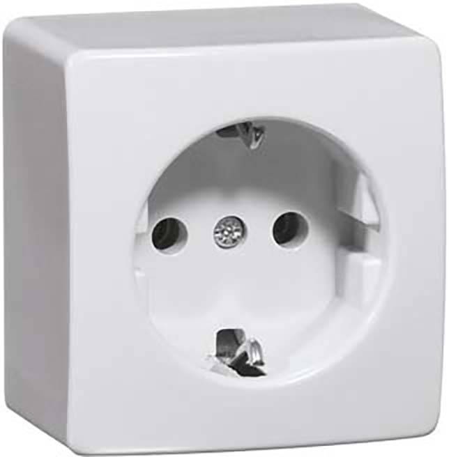 Biała naścienna wtyczka elektryczna z dwoma gniazdami i otworem uziemienia, odpowiednia dla europejskich wtyczek, bez podłączonych urządzeń.