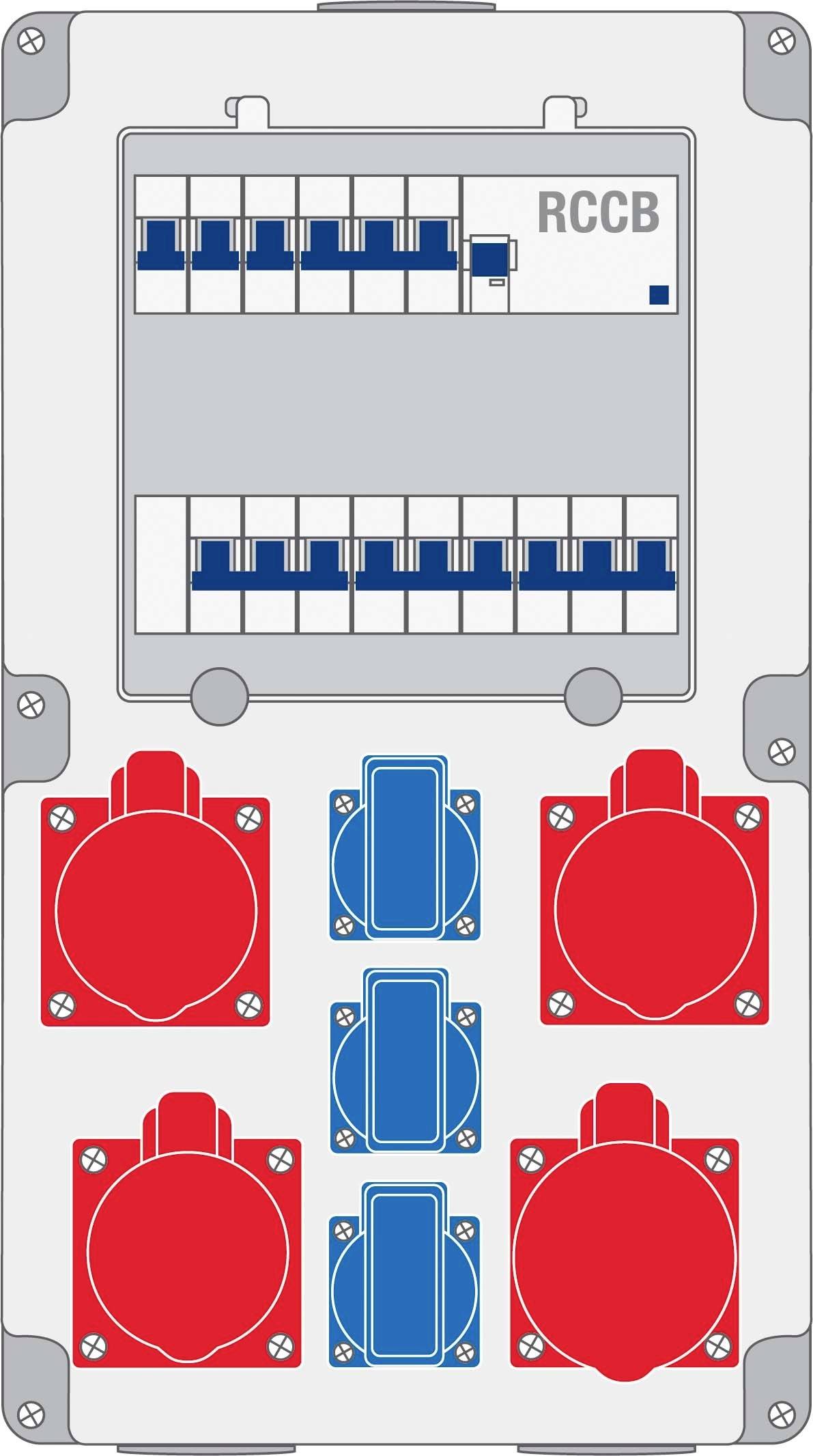 Projekt elektrycznej tablicy rozdzielczej z rzędem bezpieczników i wyłączników w górnej części; czerwone i niebieskie gniazda elektryczne w dolnej części.