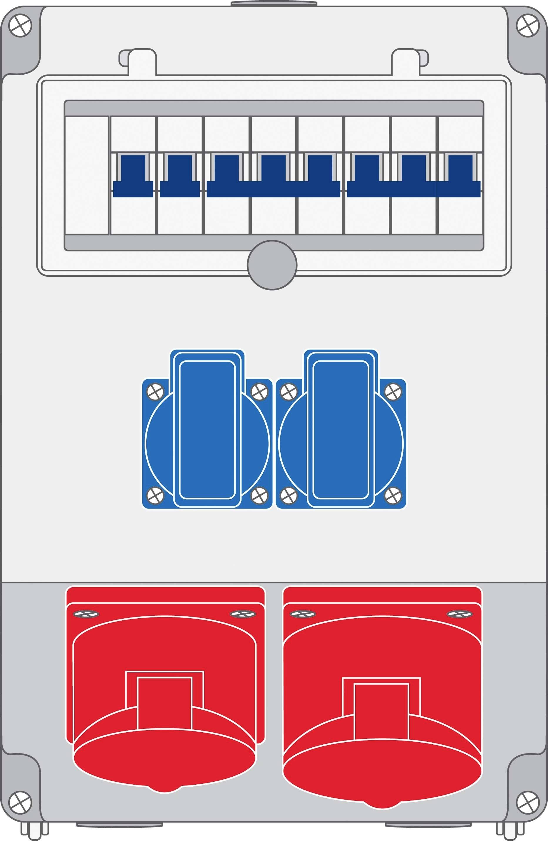 Elektryczny rozdzielnik elektryczny z niebieskimi gniazdami i czerwonymi przełącznikami. Na górze widocznych jest kilka bezpieczników.