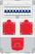 Elektryczny panel sterujący z sześcioma niebieskimi przełącznikami na górze, dwoma czerwonymi gniazdami w środku i czerwonym głównym wyłącznikiem na dole.