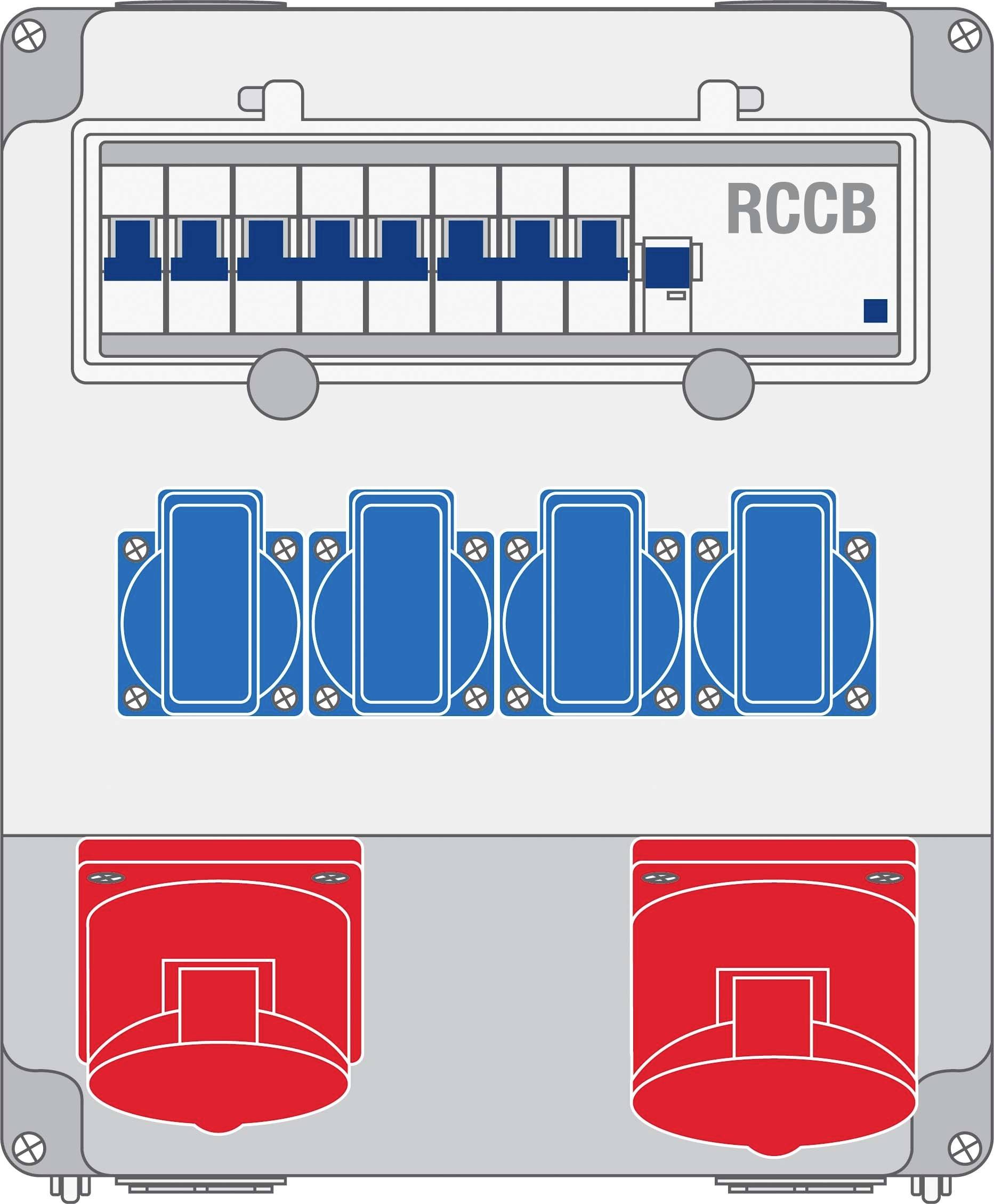 Skrzynka rozdzielcza z wieloma niebieskimi i czerwonymi przełącznikami oraz wyłącznikiem różnicowoprądowym (RCD), służąca do dystrybucji energii elektrycznej.