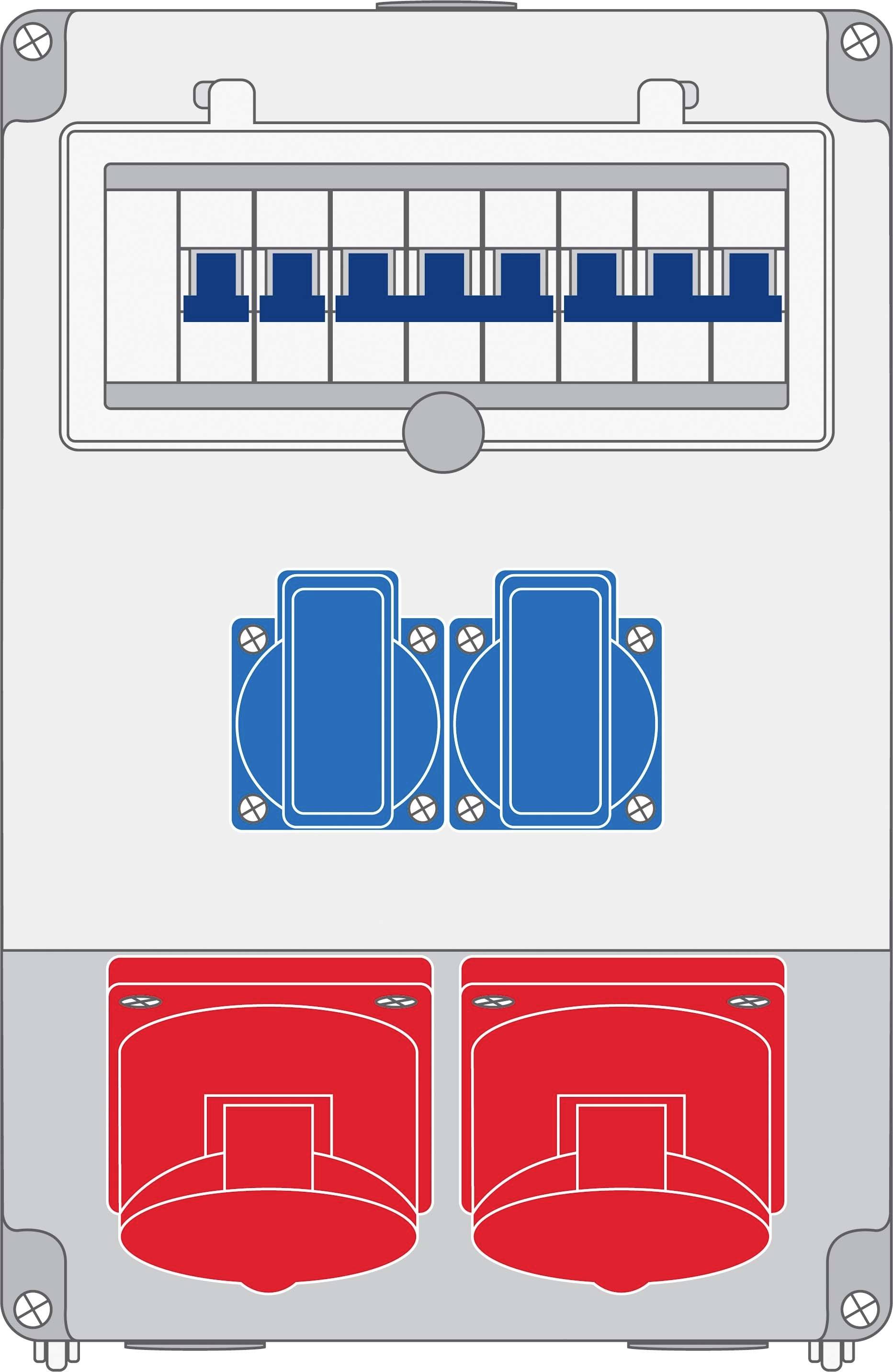 Ilustracja elektrycznej skrzynki rozdzielczej z bezpiecznikami na górze i gniazdkami na dole