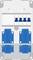 Elektryczna skrzynka rozdzielcza z czterema niebieskimi gniazdami i górną sekcją z czterema przełącznikami.