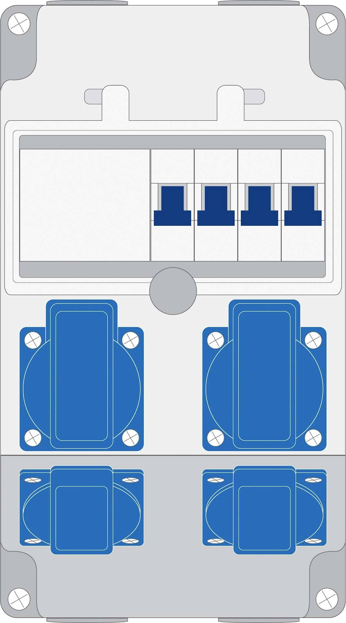 Elektryczna tablica rozdzielcza z czterema miniaturowymi wyłącznikami nadprądowymi u góry i czterema niebieskimi gniazdkami elektrycznymi na dole.