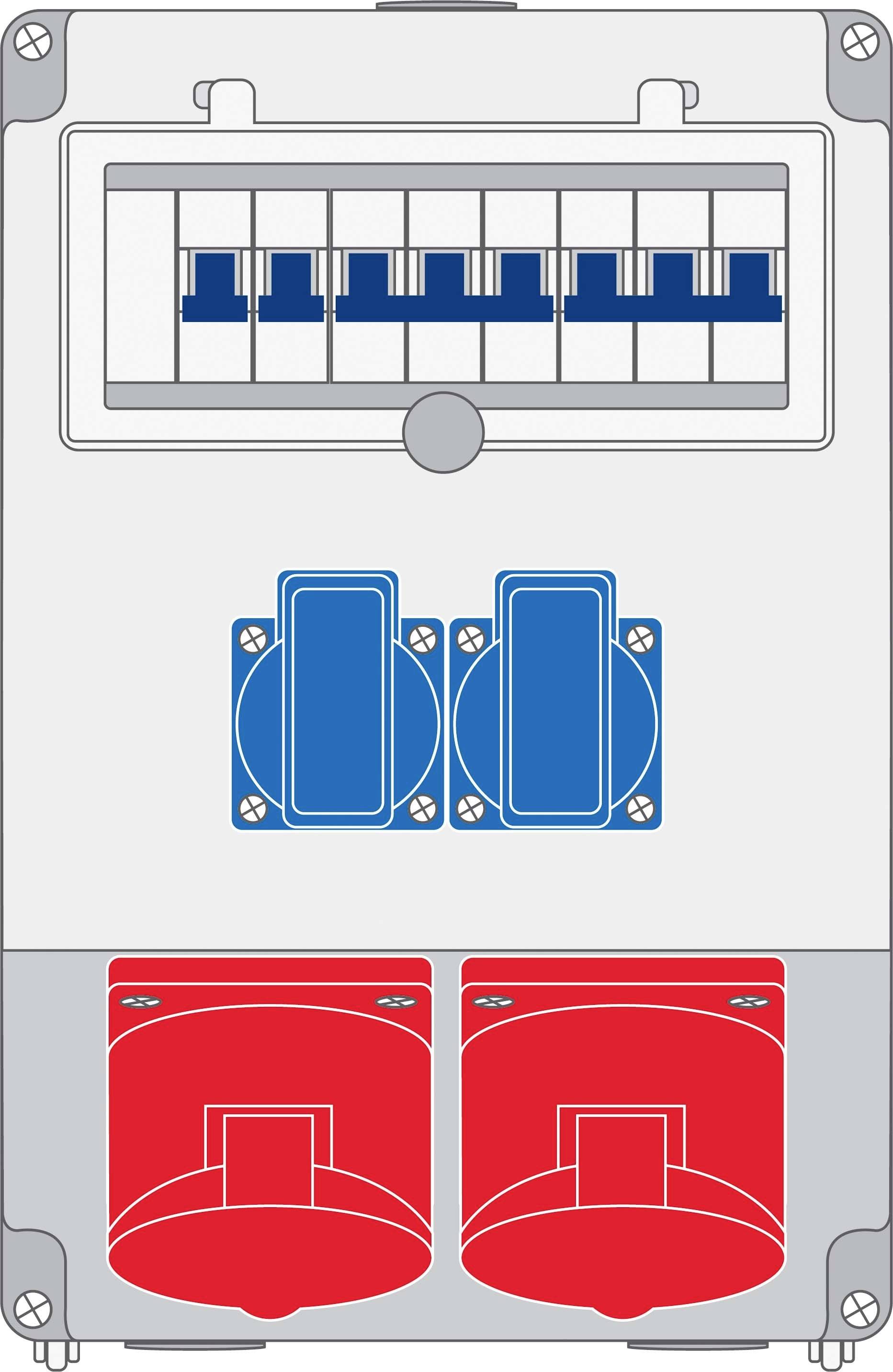 Szafa sterownicza z sześcioma niebieskimi wyłącznikami nadprądowymi na górze oraz dwoma czerwonymi i dwoma niebieskimi gniazdkami na dole.