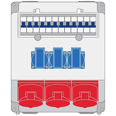 'Ilustracja skrzynki bezpiecznikowej z dziesięcioma przełącznikami u góry i trzema czerwonymi gniazdkami elektrycznymi na dole, poniżej których znajdują się trzy niebieskie przełączniki.'