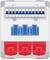 'Ilustracja skrzynki bezpiecznikowej z dziesięcioma przełącznikami u góry i trzema czerwonymi gniazdkami elektrycznymi na dole, poniżej których znajdują się trzy niebieskie przełączniki.'