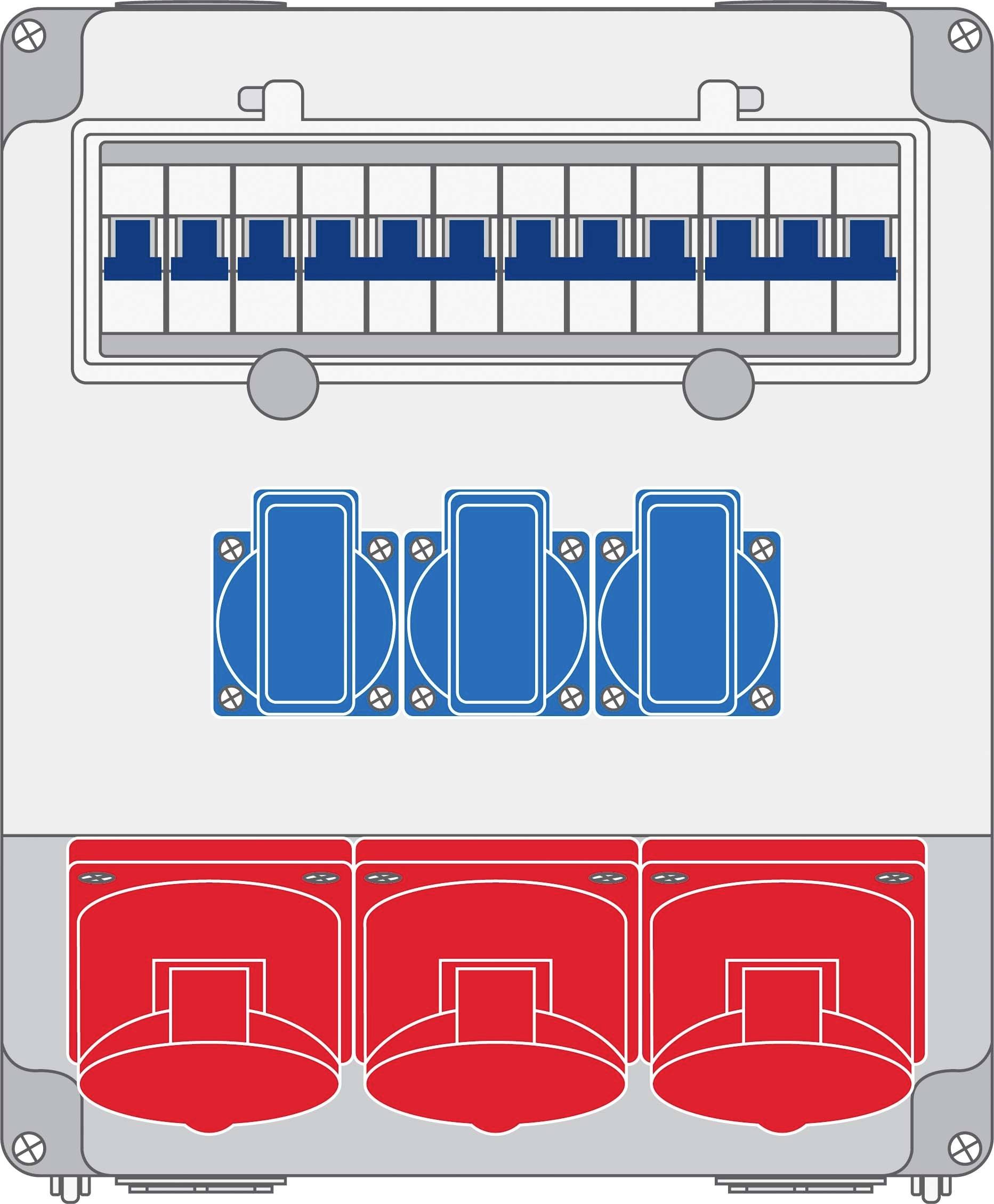 Elektryczne rozdzielcze pudełko przyłączeniowe z kilkoma niebieskimi gniazdami elektrycznymi u góry oraz czerwonymi złączami na dole.