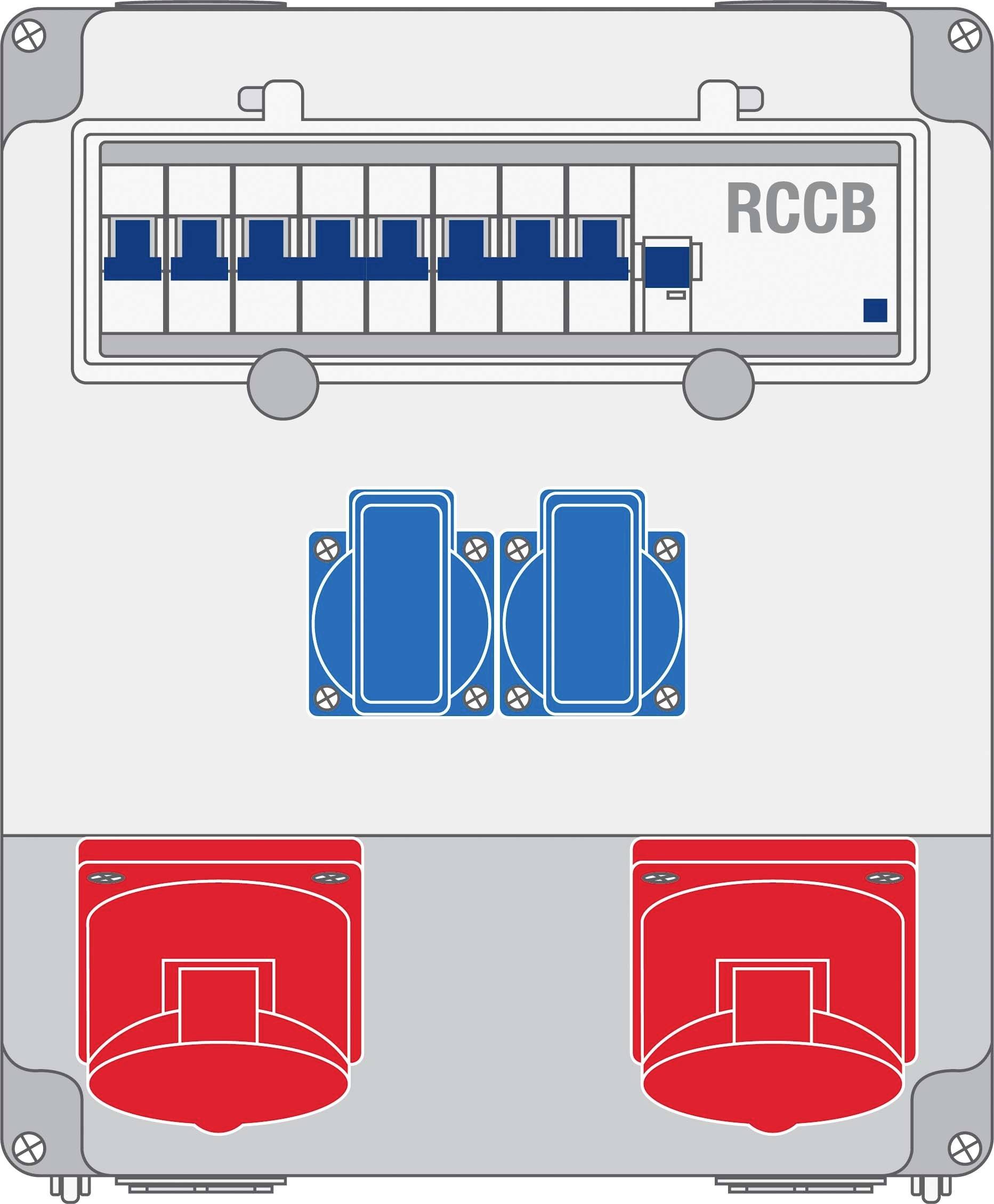 Ilustracja skrzynki bezpiecznikowej z kilkoma niebieskimi bezpiecznikami u góry oraz dwoma dużymi czerwonymi przełącznikami na dole, oznaczonymi jako RCCB.