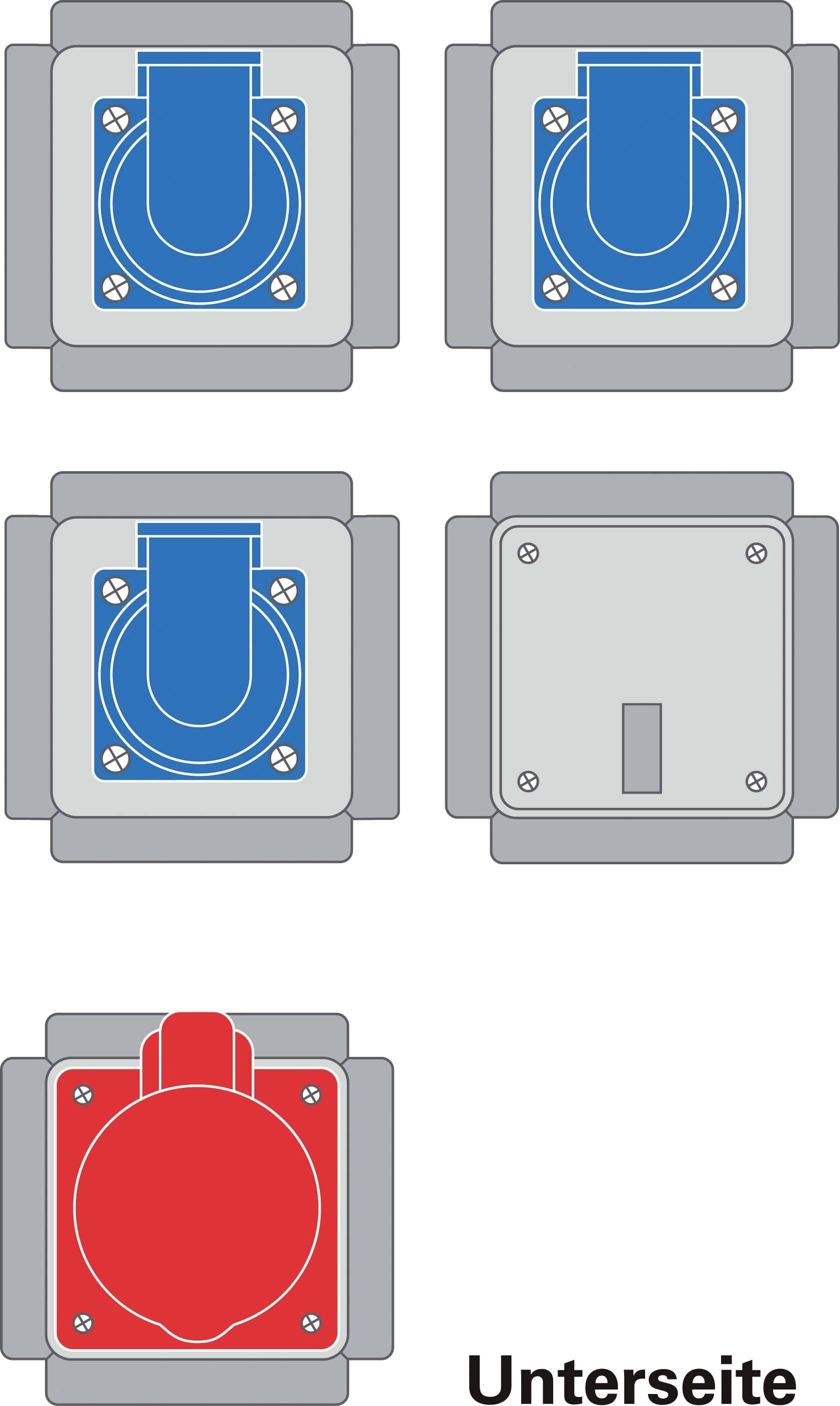 Pięć widoków niebieskiej i czerwonej wtyczki, przedstawionych z góry, dołu i z boku. Tekst 'Spód' na dole.