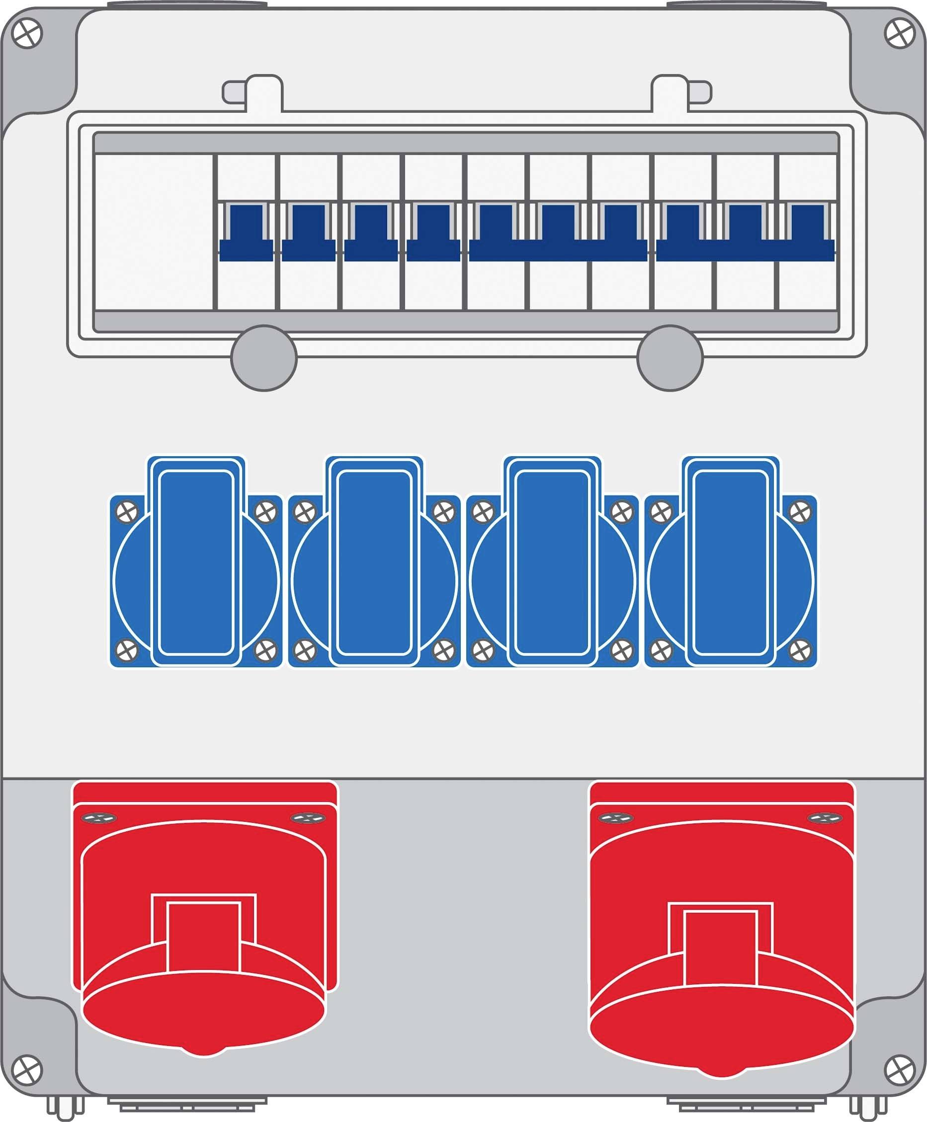Ilustracja szafy sterowniczej z niebieskimi gniazdkami elektrycznymi i czerwonymi wyłącznikami awaryjnymi. Na górze widoczne są wyłączniki nadmiarowo-prądowe.