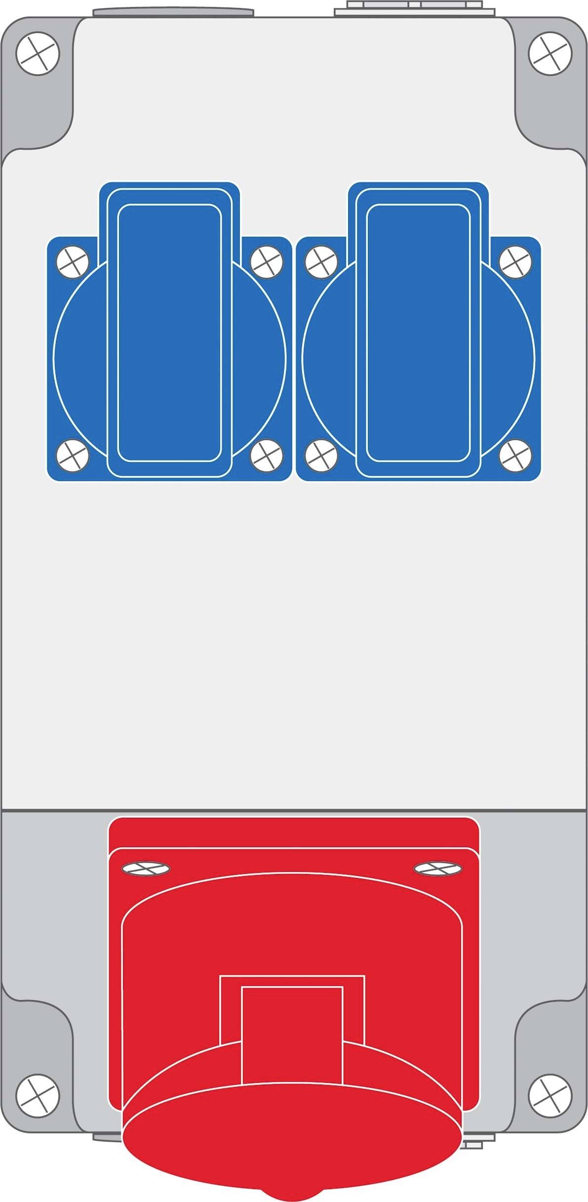 'Przemysłowy blok gniazd elektrycznych z czerwonym przyciskiem awaryjnego wyłączenia. Dwie niebieskie wtyczki na górze, przełącznik na dole, do sterowania urządzeniami elektrycznymi.'