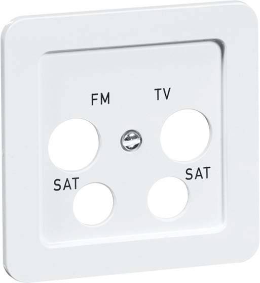 Biała rozgałęźnik SAT/TV/FM z czterema okrągłymi złączami, opisany oznaczeniami FM, TV i SAT.