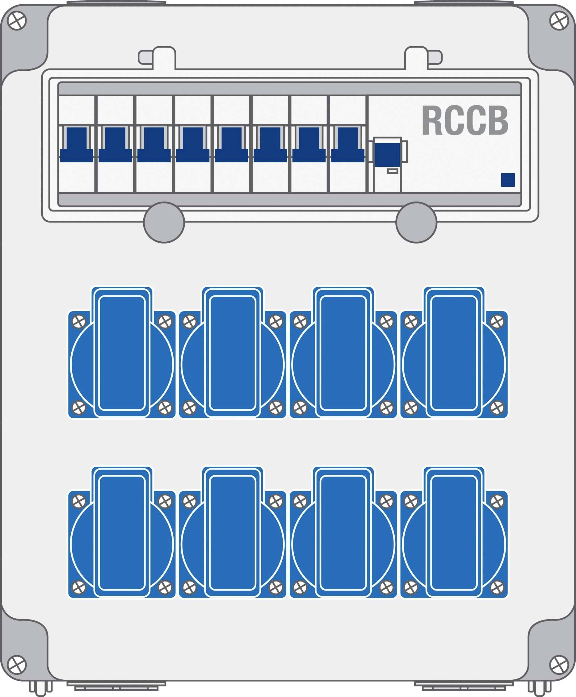 Skrzynka bezpieczników z 8 niebieskimi przełącznikami, oznaczona jako RCCB. Rozdzielnia z wyłącznikami ochronnymi dla bezpieczeństwa elektrycznego.