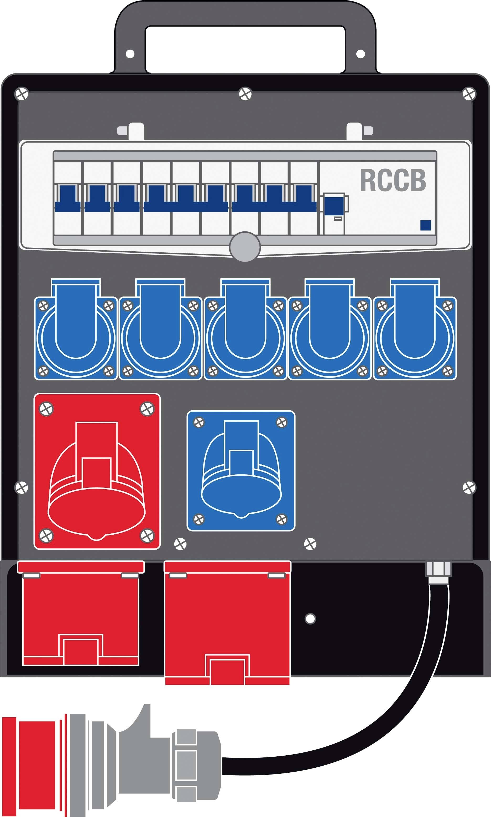 Szafa rozdzielcza z 10 niebieskimi i czerwonymi gniazdkami oraz wyłącznikiem różnicowoprądowym (RCD). Jeden przewód jest podłączony do czerwonego gniazdka.