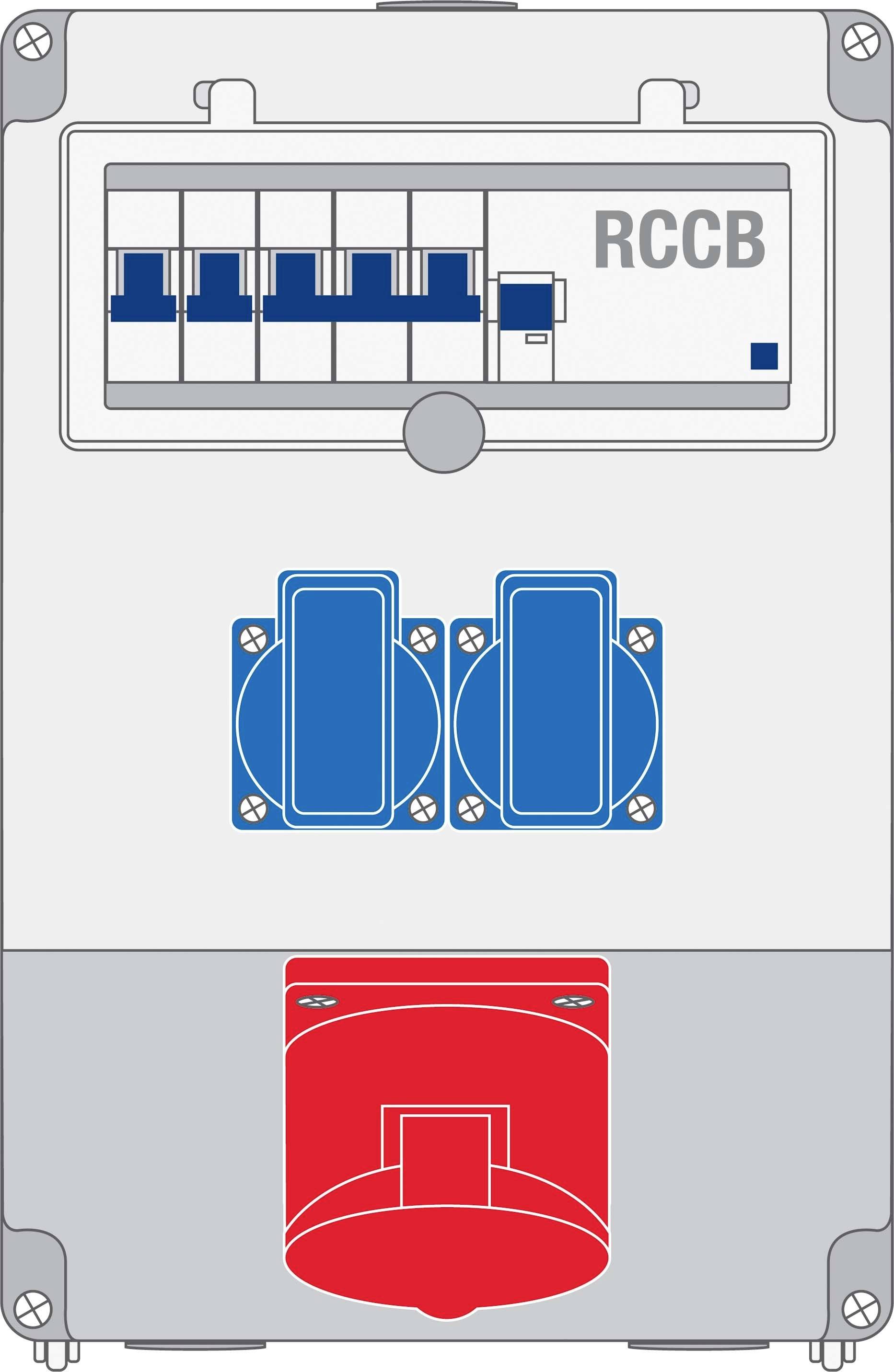 Obudowa z niebieskim wyłącznikiem różnicowoprądowym (RCD) na górze, poniżej dwa niebieskie gniazda elektryczne i duży czerwony przełącznik.
