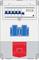 Obudowa z niebieskim wyłącznikiem różnicowoprądowym (RCD) na górze, poniżej dwa niebieskie gniazda elektryczne i duży czerwony przełącznik.