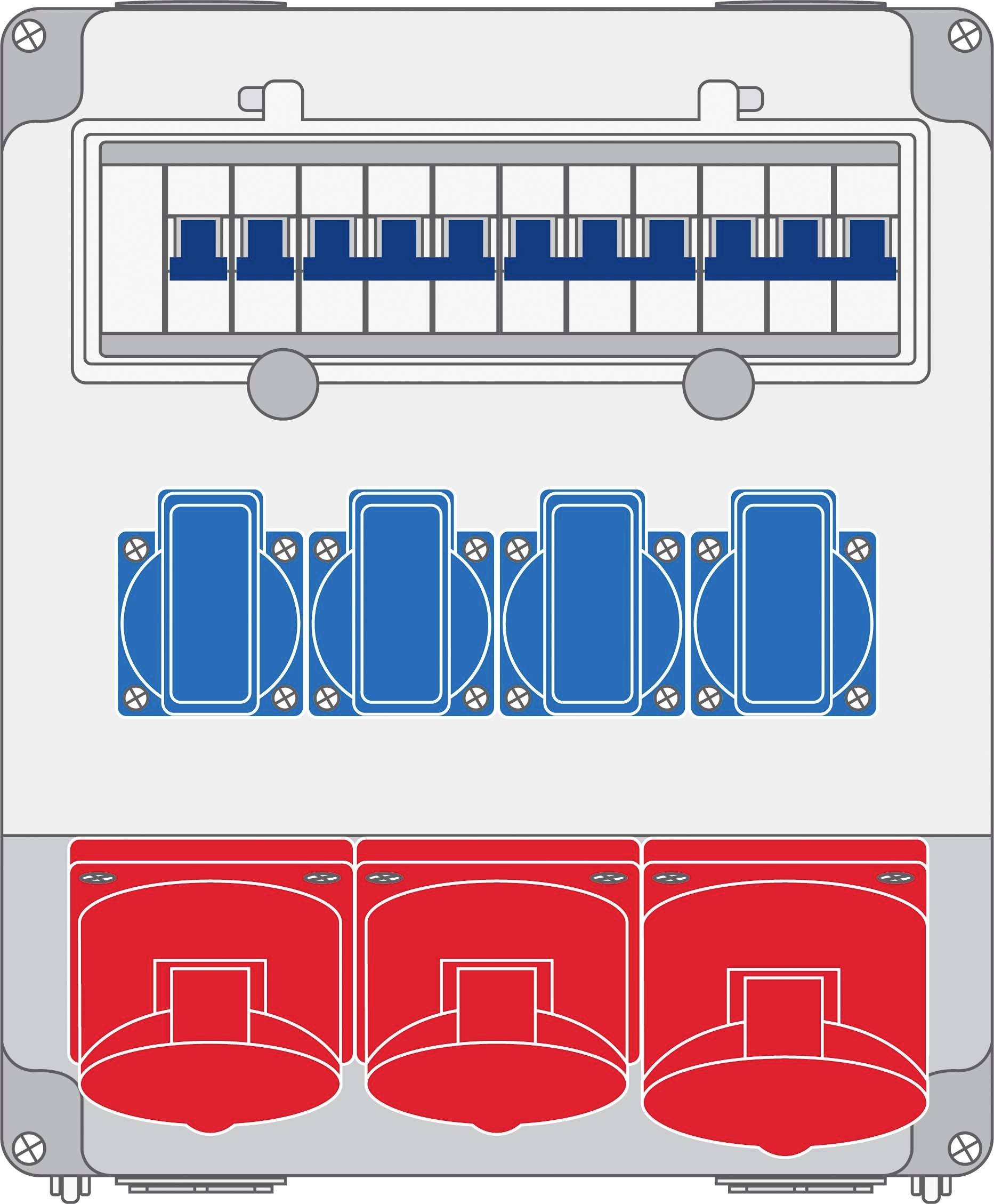 Ilustracja elektrycznej rozdzielni z pięcioma niebieskimi przełącznikami u góry i trzema czerwonymi przełącznikami u dołu.