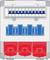 Ilustracja elektrycznej rozdzielni z pięcioma niebieskimi przełącznikami u góry i trzema czerwonymi przełącznikami u dołu.