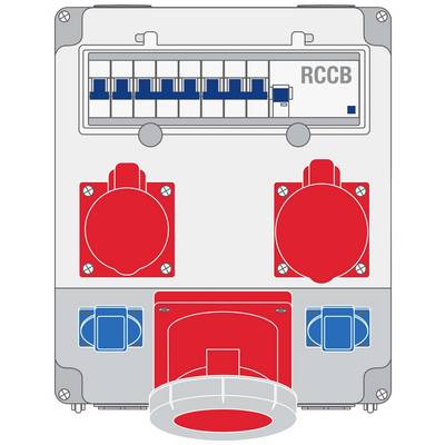Skrzynka elektryczna z wieloma czerwonymi i niebieskimi złączami. Na górze widoczny jest rząd przełączników z napisem 'RCCB'.