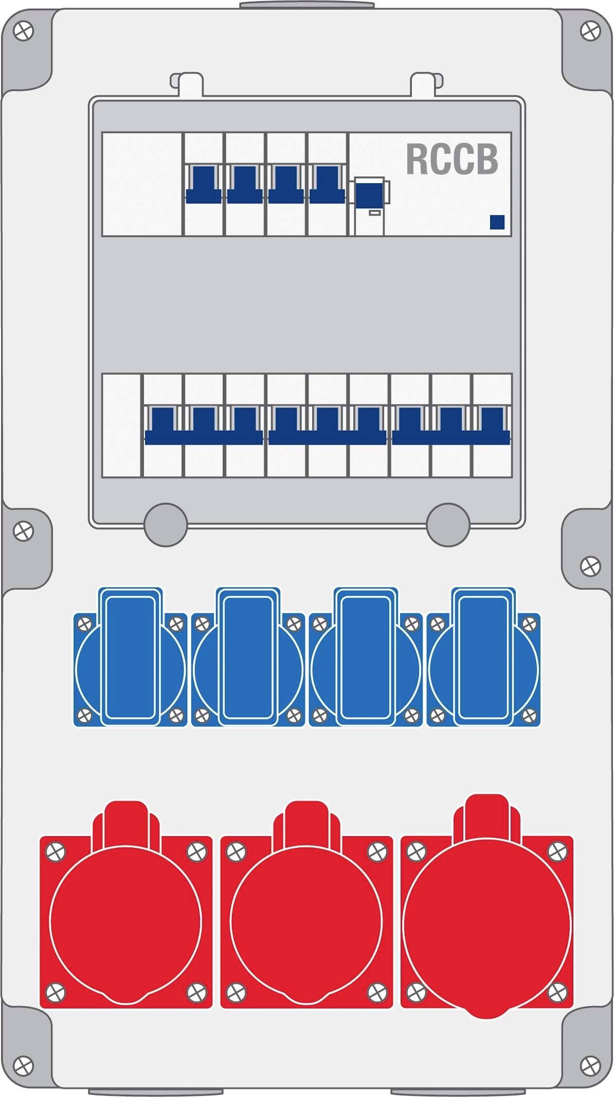 Elektryczny rozdzielacz z bezpiecznikami, wyposażony w wyłączniki oraz czerwone i niebieskie gniazda elektryczne. Na górze nadrukowane jest 'RCCB' (wyłącznik różnicowoprądowy).